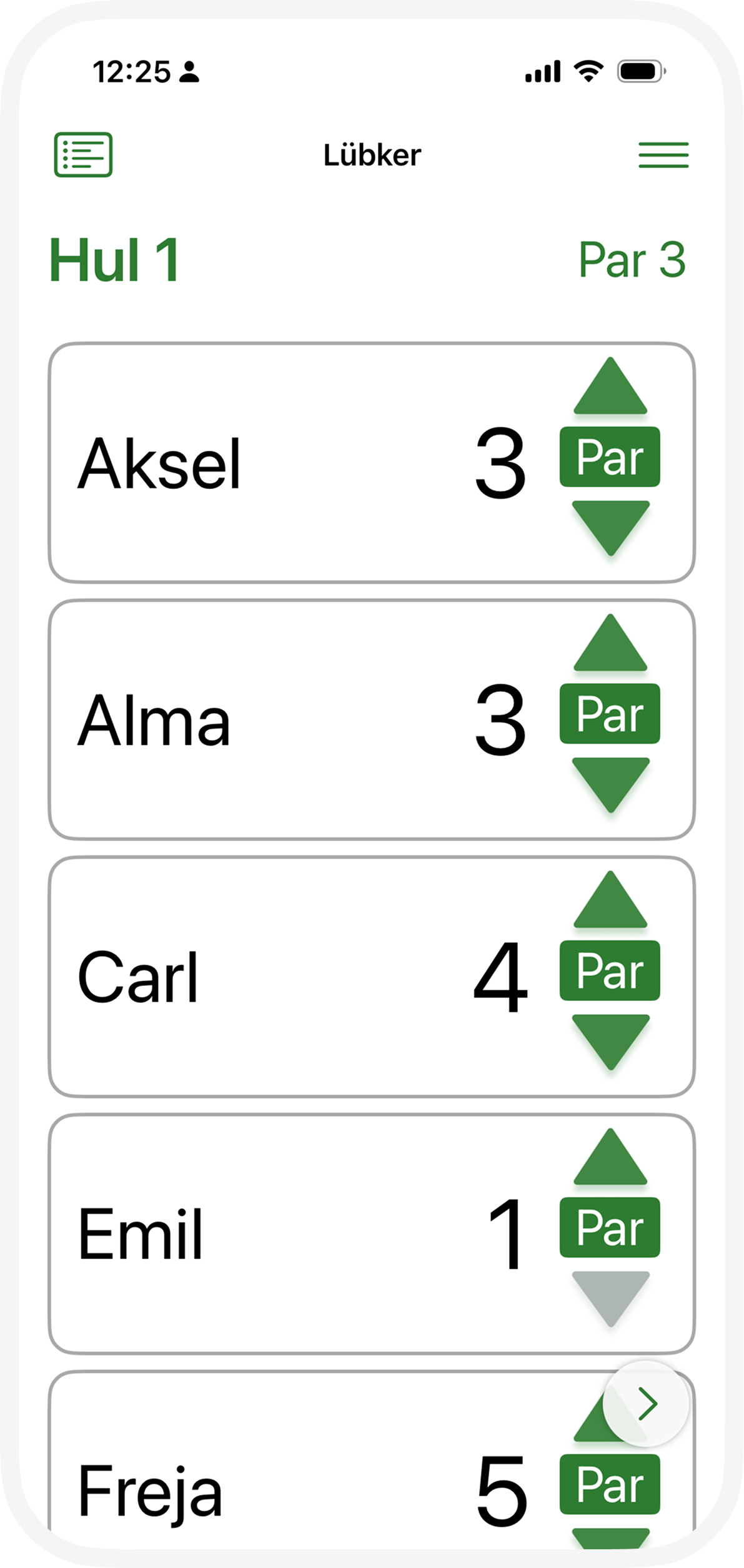 Under Par app interface showing player management and scoring