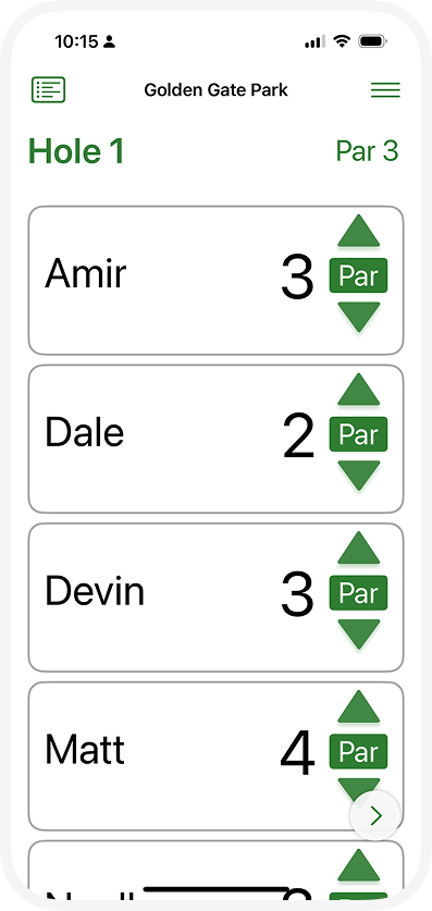 Under Par app interface showing player management and scoring
