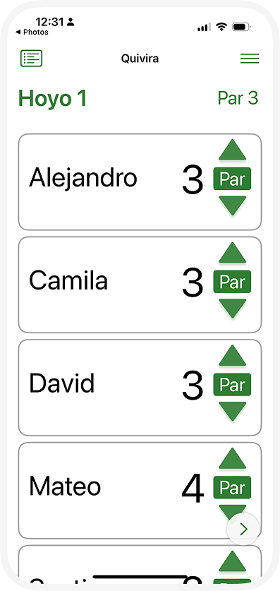 Interfaz de la aplicación Under Par mostrando gestión de jugadores y puntuación