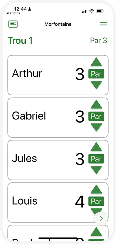 Interface de l'application Under Par montrant la gestion des joueurs et le score