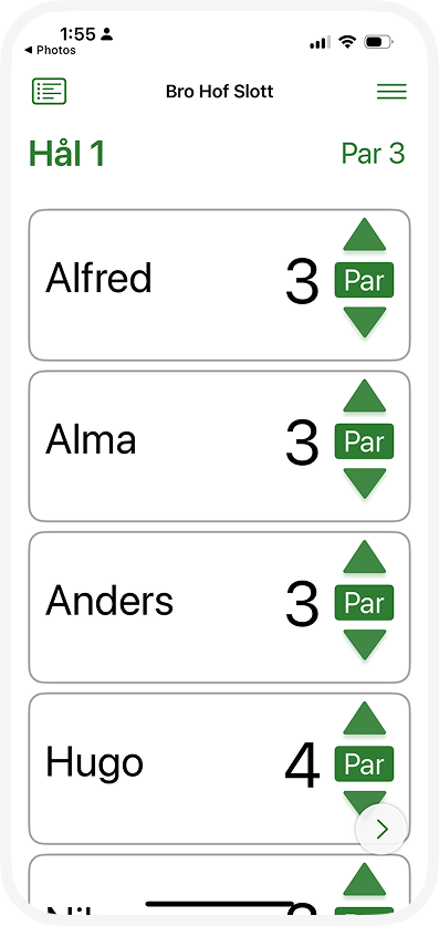 Under Par app-gränssnitt som visar spelarhantering och poängställning